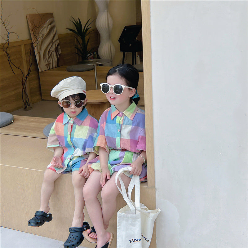Kids' Checkered Short-Sleeved Shirt, Shorts, and Balloon Pants Set [mh0001742]