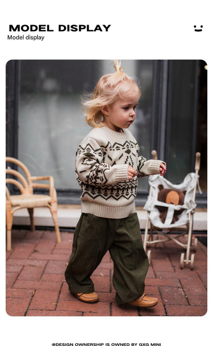 -長袖ニットセーター フェアアイル柄 北欧風 クルーネック プルオーバー【mh0011307】 - mamahalo shop - ニット・セーター -  べビー服 - 子供服 - 男の子 - 女の子