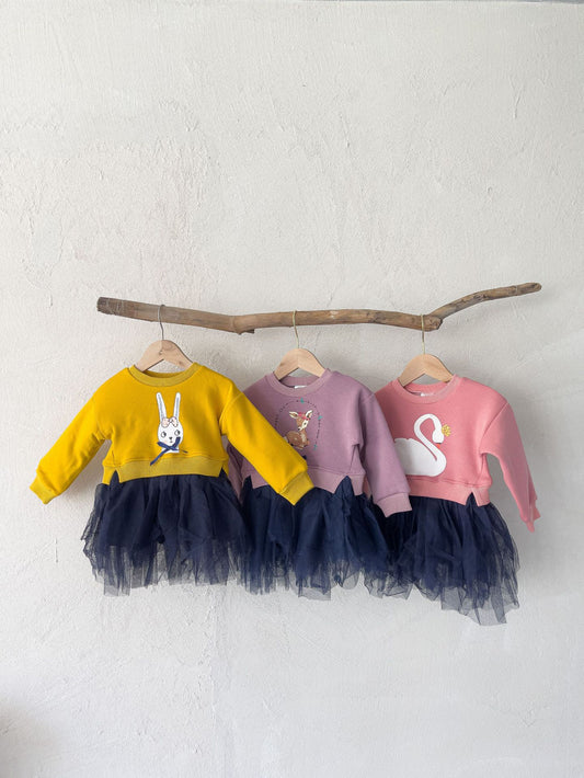 Animal Graphic Tulle Layered Dress チュール 長袖ワンピース【mh0012633】