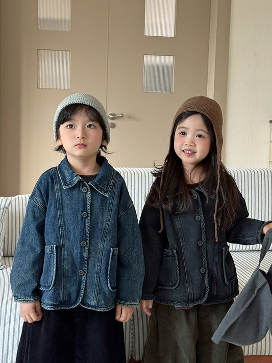 Kids' Denim Jacket with Piping and Pockets【mh0014782】