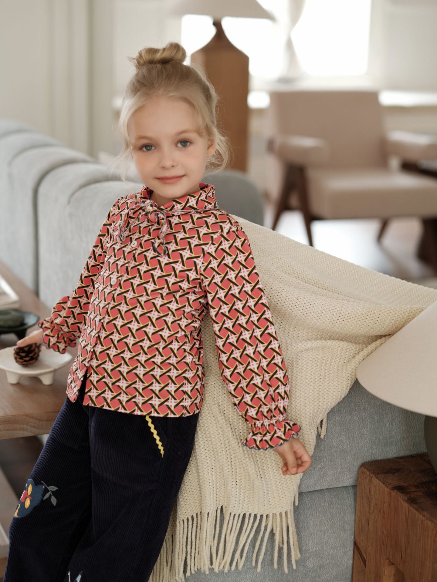 ブラウス 総柄 リボンタイ ラッフル袖 キッズ 女の子 トップス【mh0011566】