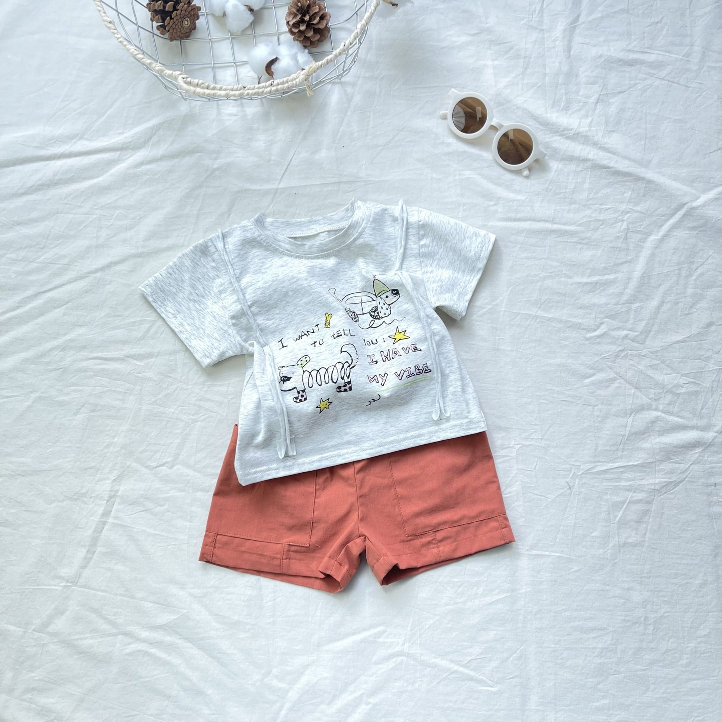 Doodle Art Cotton Shorts Set 犬イラスト 半袖Tシャツ セット【mh0012908】