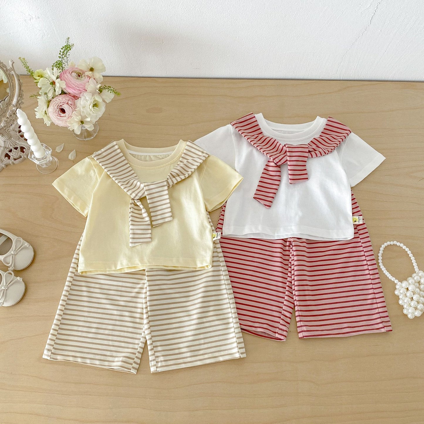 Sailor Collar Striped Set 半袖Tシャツ ハーフパンツ セット【mh0013426】