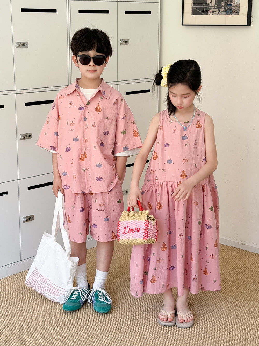 Pumpkin Mixed Vegetable Print Set Dress ベジタブル 半袖シャツ ハーフパンツ ノースリーブワンピース【mh0013527】