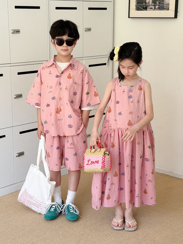 Pumpkin Mixed Vegetable Print Set Dress ベジタブル 半袖シャツ ハーフパンツ ノースリーブワンピース【mh0013527】