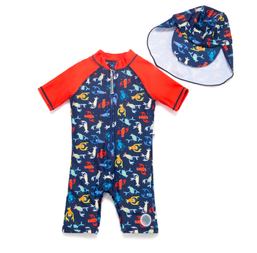 One-Piece Sun Protection Surf Wear プリント 半袖水着 帽子セット【mh0013319】