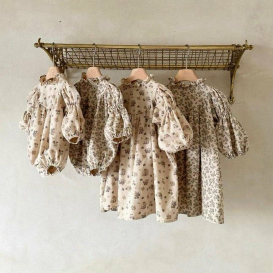 長袖ロンパース 小花柄プリント フリルスタンドカラー バブルスリーブ【mh0011851】