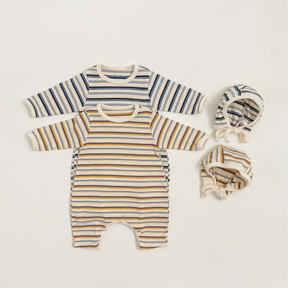 -カラフルボーダーロンパース ボンネット付き リブ編み コットンカバーオール 2点セット【mh0010891】 - mamahalo shop - 長袖ロンパース -  べビー服 - 子供服 - 男の子 - 女の子
