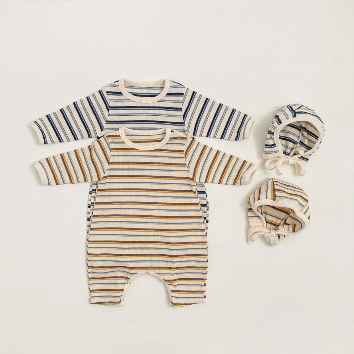 -カラフルボーダーロンパース ボンネット付き リブ編み コットンカバーオール 2点セット【mh0010891】 - mamahalo shop - 長袖ロンパース -  べビー服 - 子供服 - 男の子 - 女の子