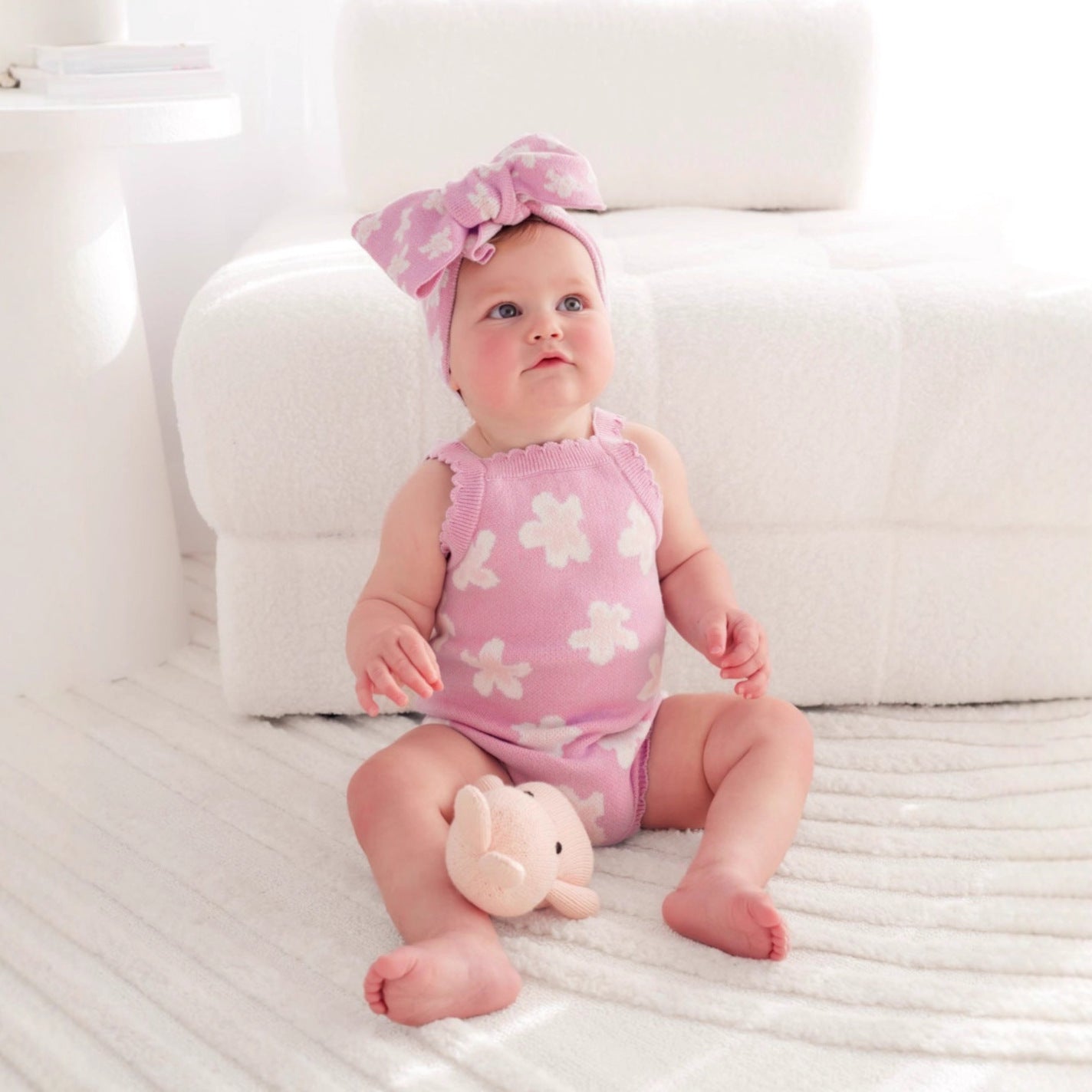 ノースリーブニットロンパース 花柄 ジャカードニット ボディスーツ ヘアバンド【mh0011857】