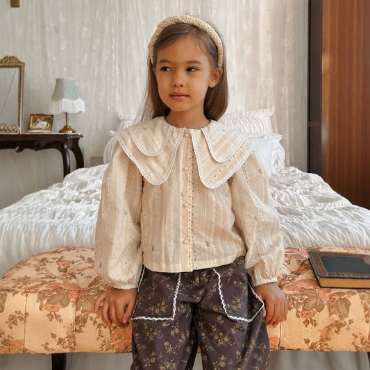 Kids' Floral Lace Two-Tone Long-Sleeve Blouse【mh0014757】