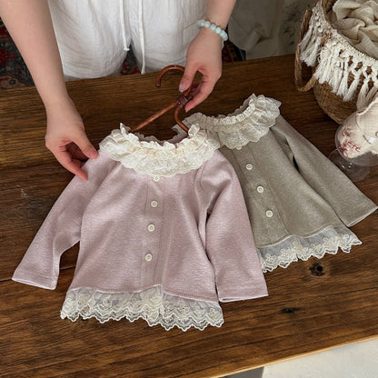 Camiseta de manga larga para bebés y niños, con cuello con volantes, bajo con volantes y botones frontales, tejido de canalé [mh0014486]