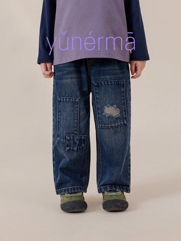 Pantalón vaquero desgastado patchwork con lavado para niños/as [mh0014261]