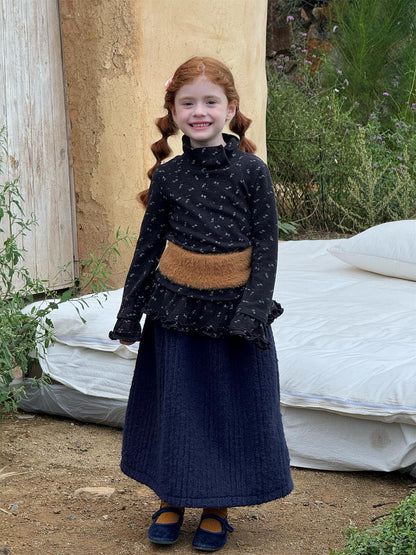 長袖ハイネックTシャツ 花柄 裾フリル レイヤード【mh0011748】