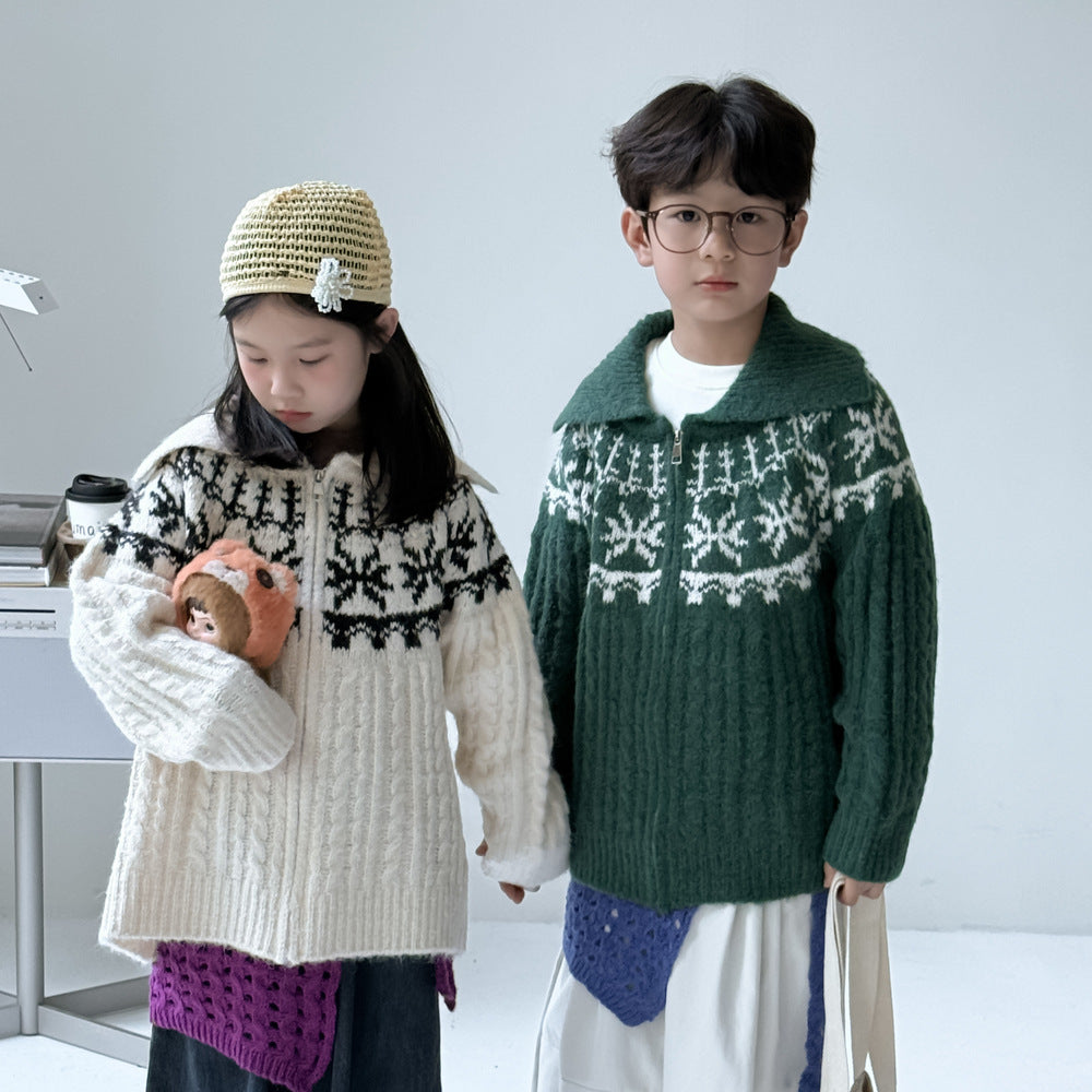 -ノルディック柄ニットジップアップカーディガン ラグランニットトップス【mh0010962】 - mamahalo shop - カーディガン・パーカー -  べビー服 - 子供服 - 男の子 - 女の子