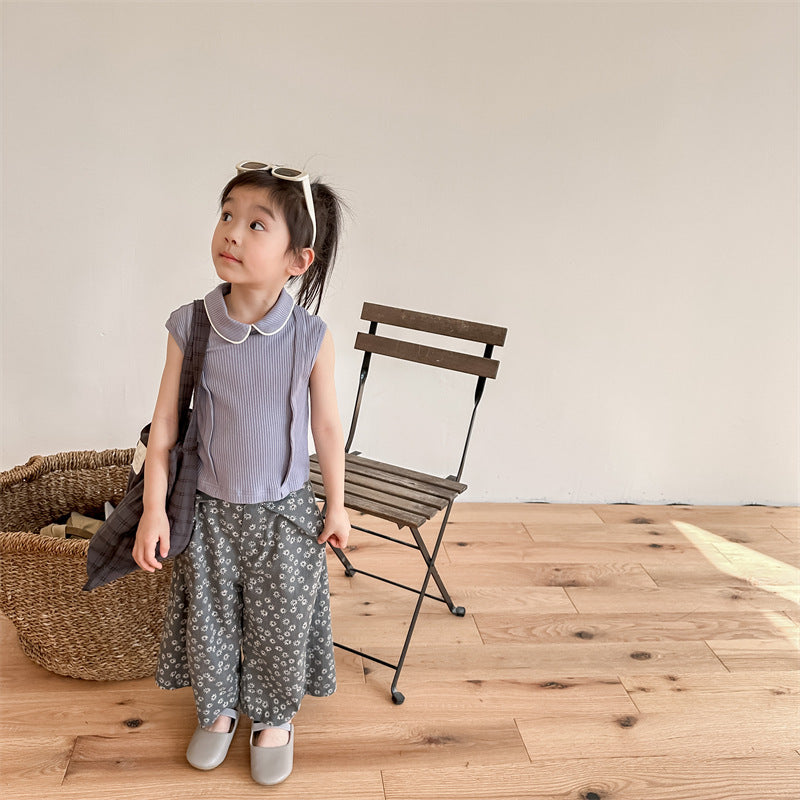Kids' Ribbed Sleeveless T-shirt with Collar and Round Neck【mh0001795】