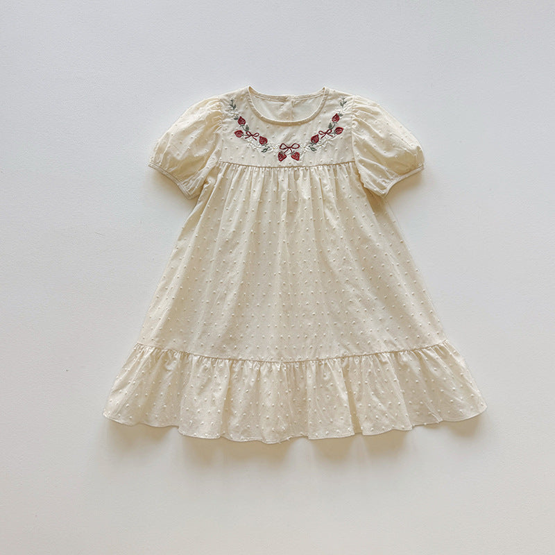 Strawberry Embroidery Dotted Cotton Dress いちご 半袖ワンピース【mh0013653】