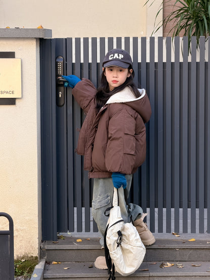 Padded blouson jacket with fleece lining and hood, featuring large lapels [mh0011864]