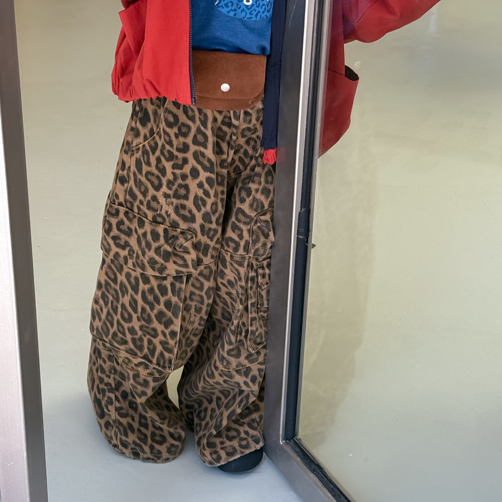 -レオパード柄ワイドパンツ ビッグポケット付きストレートロングパンツ【mh0010778】 - mamahalo shop - ロングパンツ・スウェットパンツ -  べビー服 - 子供服 - 男の子 - 女の子