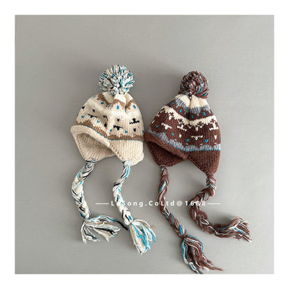 キッズ帽子 ジャカードニット ぽんぽん 耳当て付き 三つ編みコード【mh0011803】