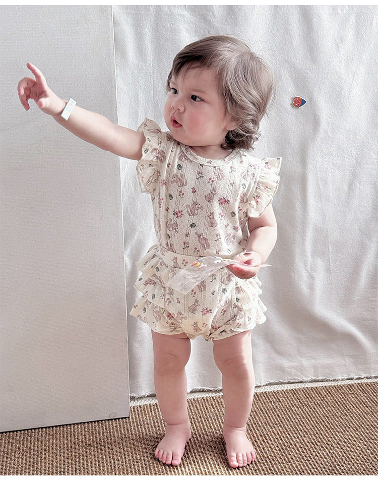 Sleeveless Animal Print Ruffle Separates アニマル フレンチスリーブTシャツ ショートパンツ ロンパース【mh0013587】