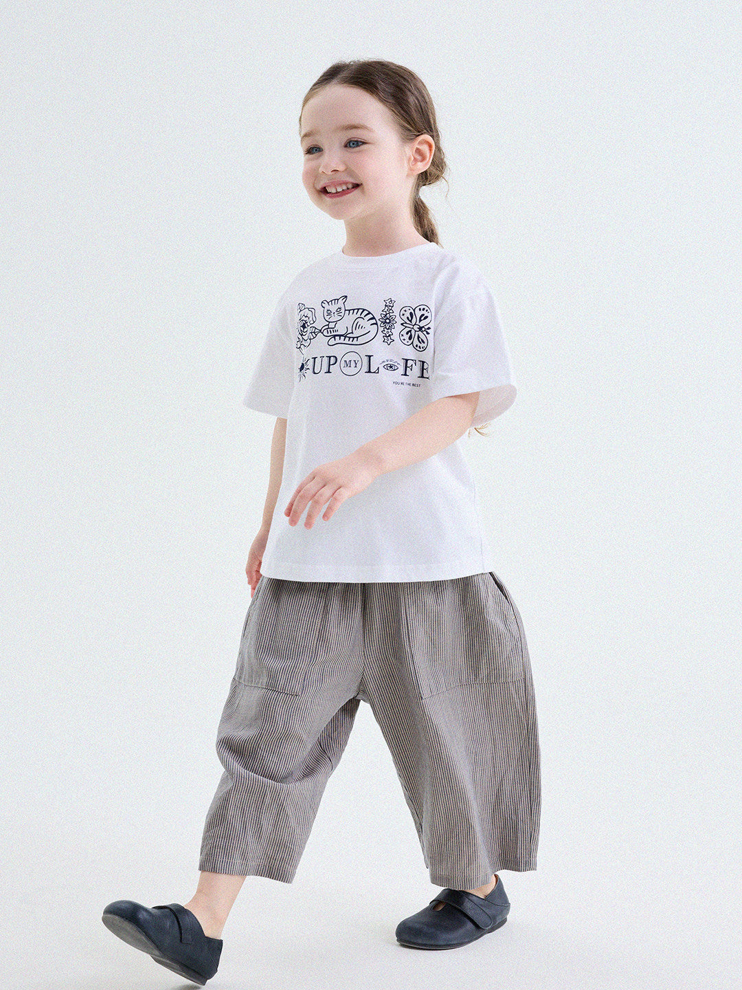 キッズ クルーネック キャットモチーフ レトロプリント 半袖Tシャツ【mh0013779】