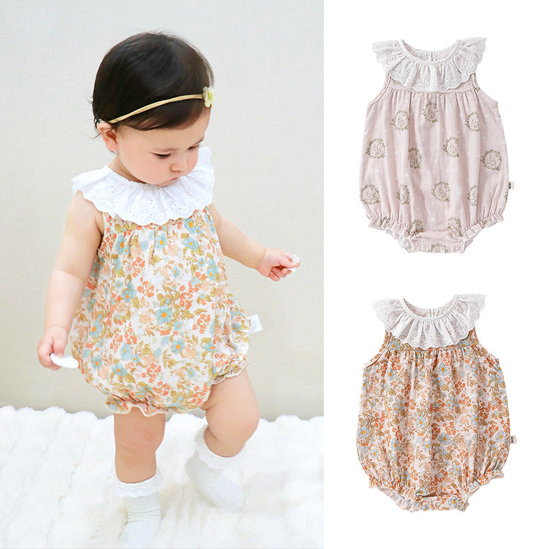 Lace Ruffle Collar Patterned Romper レース ノースリーブロンパース【mh0013607】