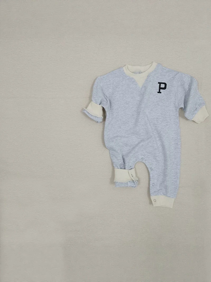 Baby One-Point Initial Color-Blocked Piping Long-Sleeve Romper【mh0014635】