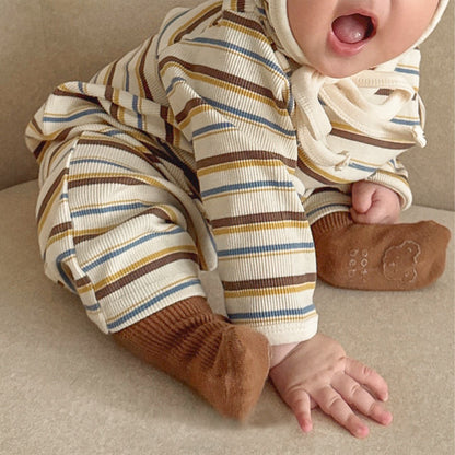 -カラフルボーダーロンパース ボンネット付き リブ編み コットンカバーオール 2点セット【mh0010891】 - mamahalo shop - 長袖ロンパース -  べビー服 - 子供服 - 男の子 - 女の子