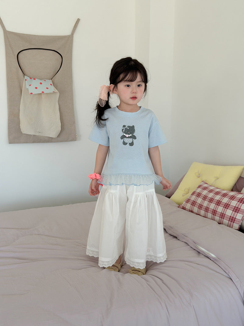Lace Trim Ruffle Wide-Leg Pants ギャザー ロングパンツ【mh0013114】