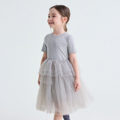 Short Sleeve Tiered Tulle Dress ドッキング 半袖ワンピース【mh0013183】