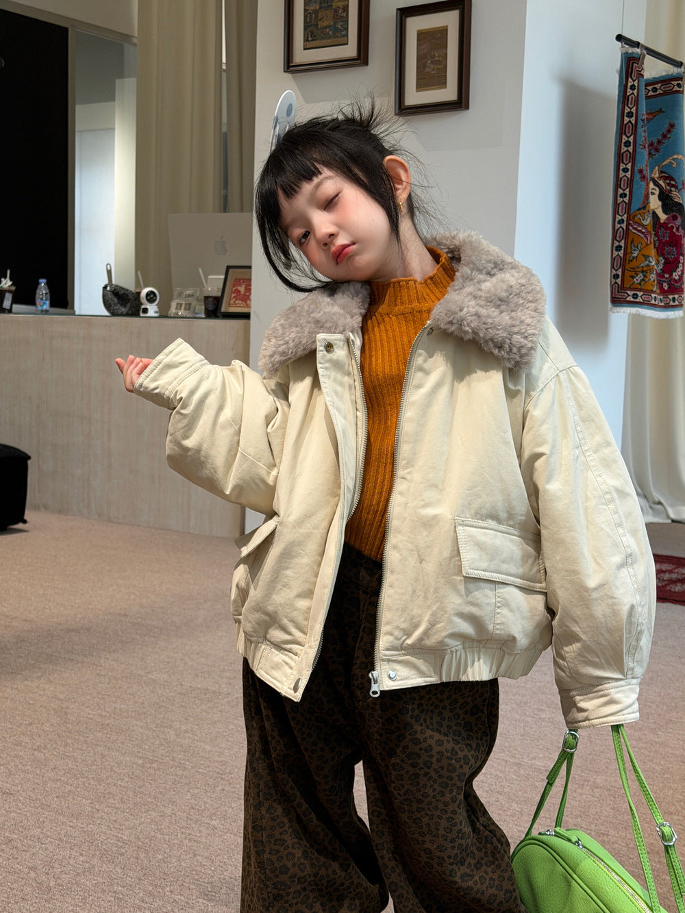 Chaqueta bomber acolchada con cuello de borreguito y cremallera para niños y jóvenes【mh0014688】