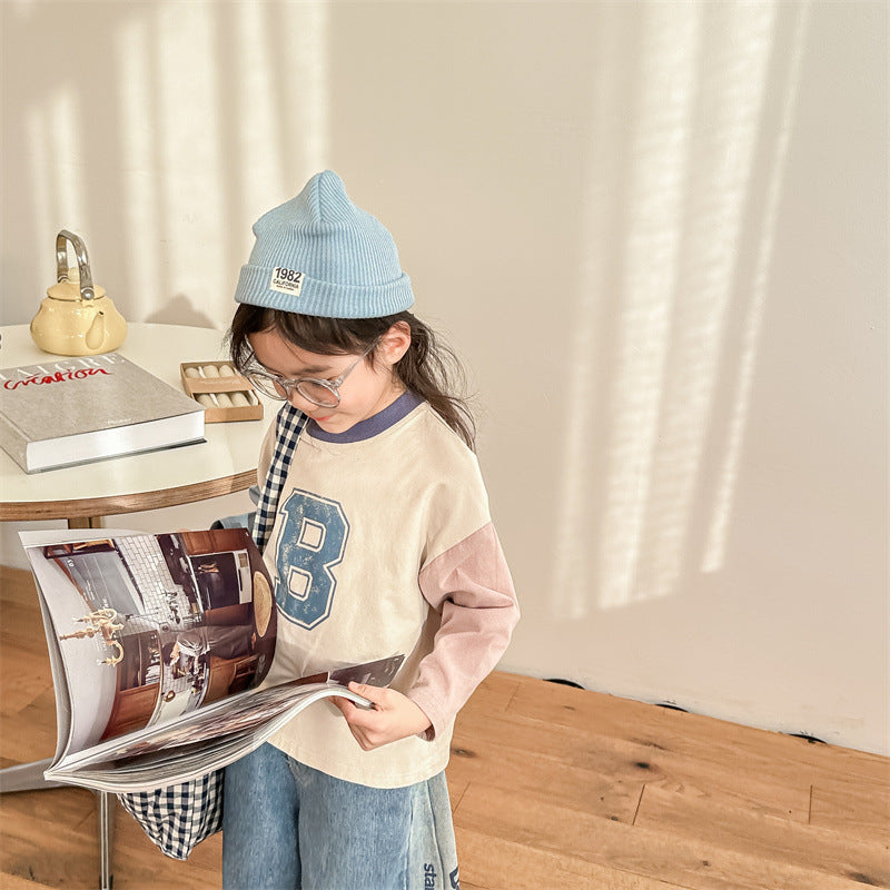 Kids Tops Long Sleeve T-Shirt Patchwork Letter Logo Print 2 Colors