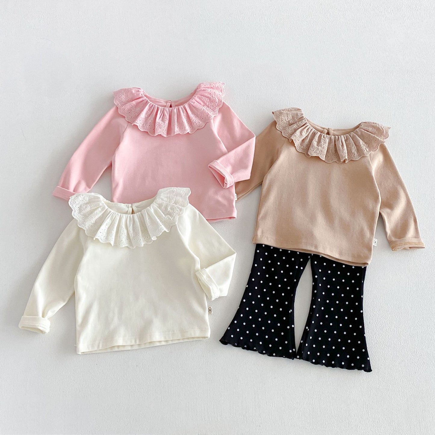Camiseta de manga larga con cuello y dobladillo de volantes para niñas y pantalón acampanado【mh0014029】