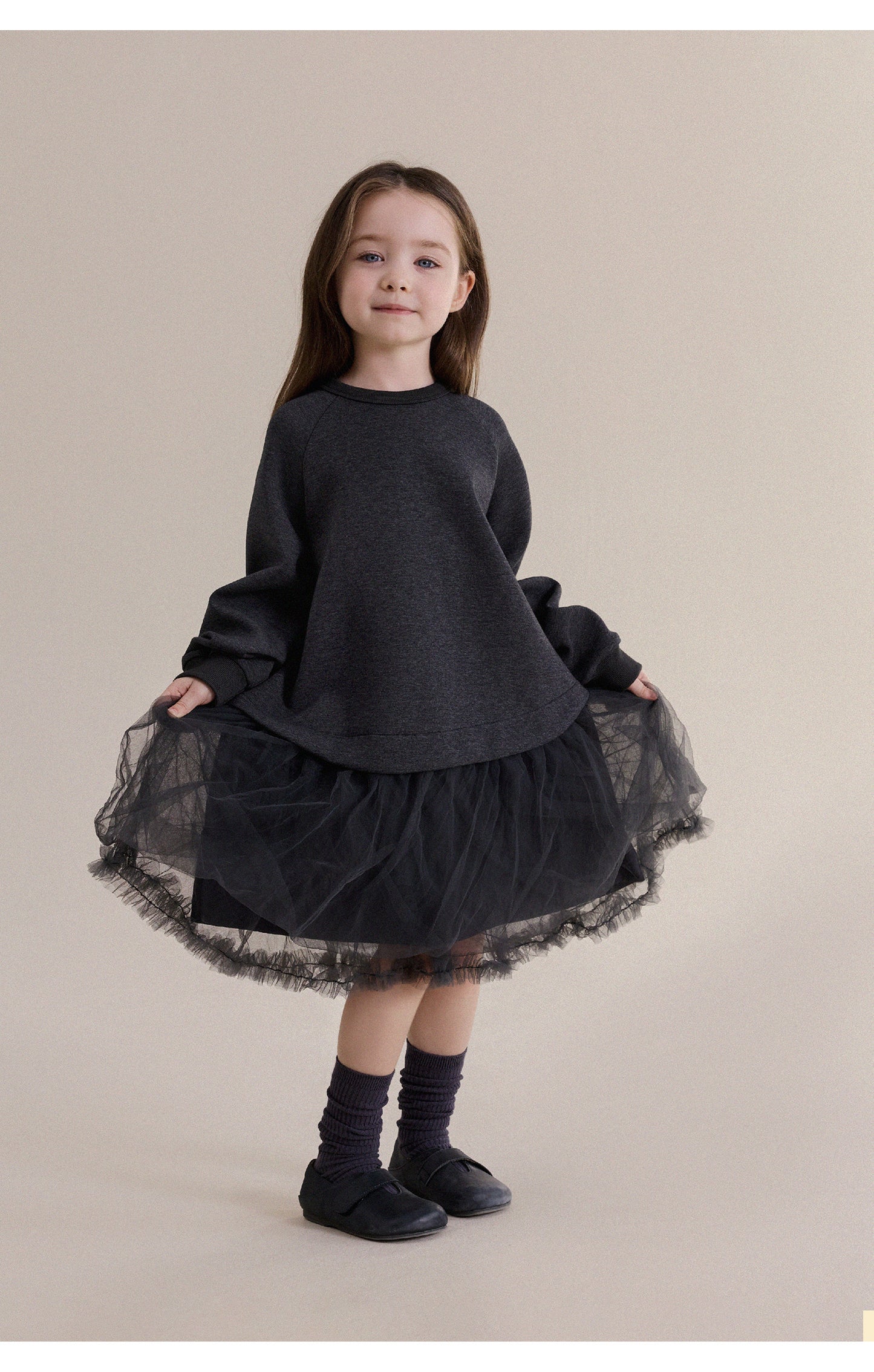 Kids' Tulle-Paneled Long-Sleeved Dress [mh0013976]