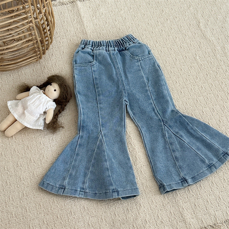キッズ 切り替え ステッチ ストレッチ デニム フレアパンツ【mh0014154】