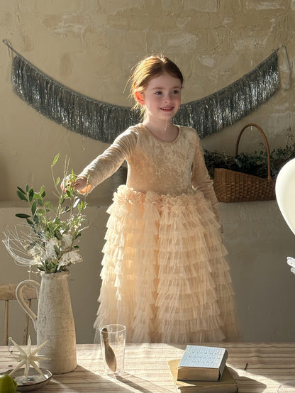 長袖ワンピース ベロア チュチュ チュールスカート パーティドレス【mh0011881】