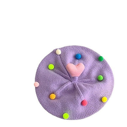 ベビー帽子 カラフルぽんぽん ハート ニット ベレー帽【mh0011842】