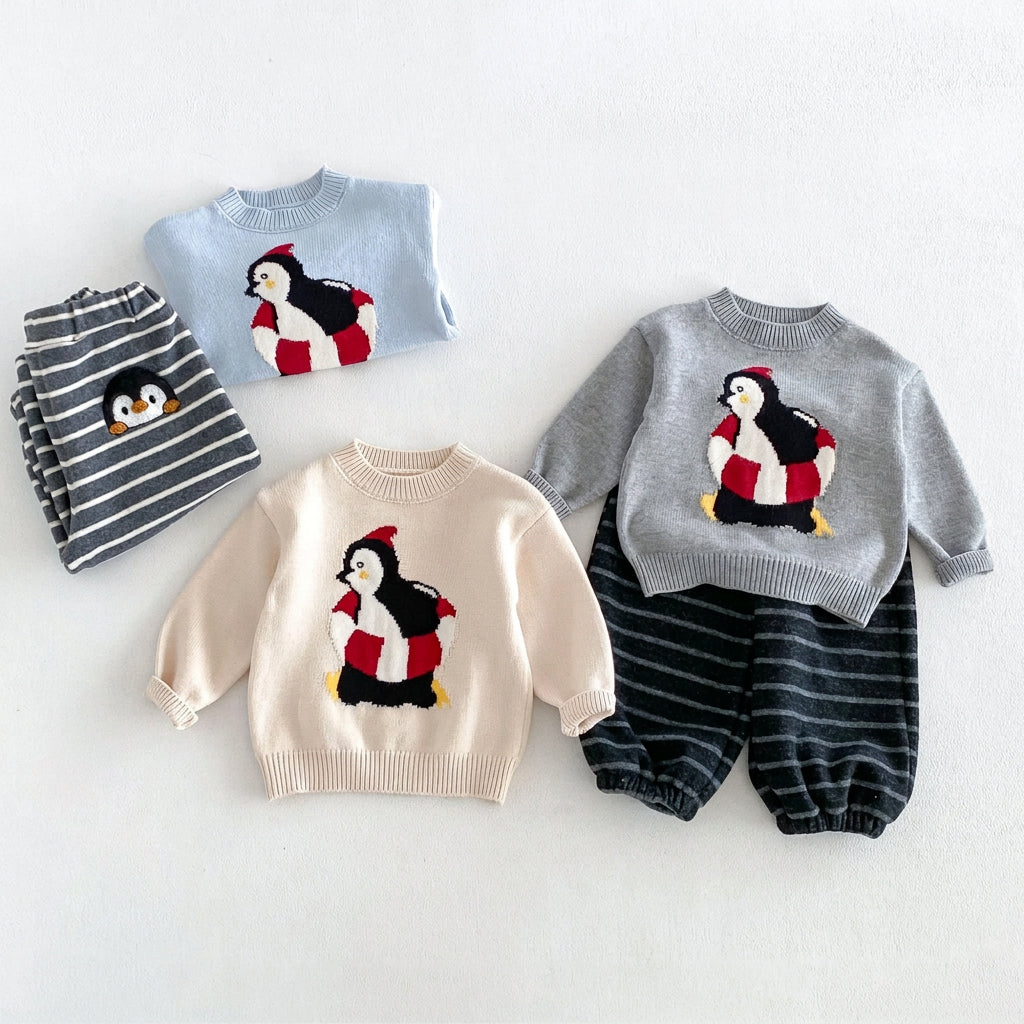 キッズ ペンギン ジャガード ニット 長袖セーター / ボーダー ジョガー ロングパンツ【mh0014762】