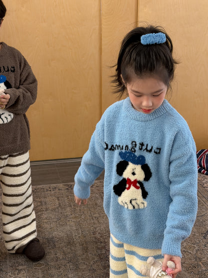 Coral fleece pajama set with dog motif, striped pants, and loungewear [mh0011872]