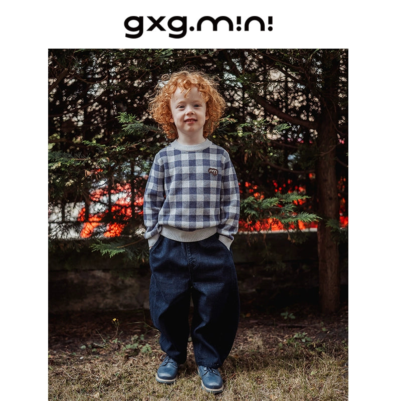 -長袖ニットセーター 綿100% チェック柄 クルーネック シンプル【mh0011341】 - mamahalo shop - ニット・セーター -  べビー服 - 子供服 - 男の子 - 女の子