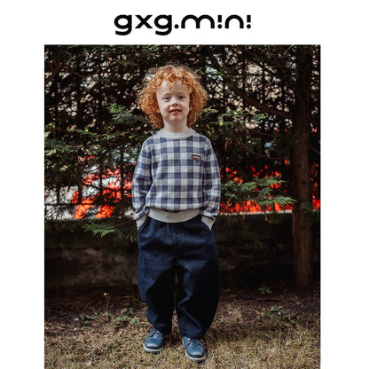 -長袖ニットセーター 綿100% チェック柄 クルーネック シンプル【mh0011341】 - mamahalo shop - ニット・セーター -  べビー服 - 子供服 - 男の子 - 女の子