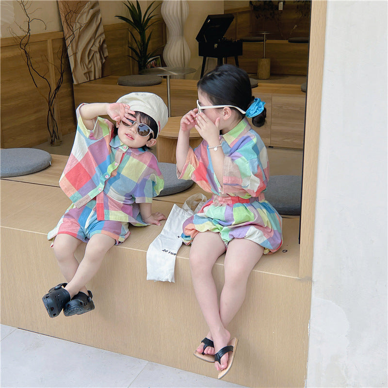 Kids' Checkered Short-Sleeved Shirt, Shorts, and Balloon Pants Set [mh0001742]