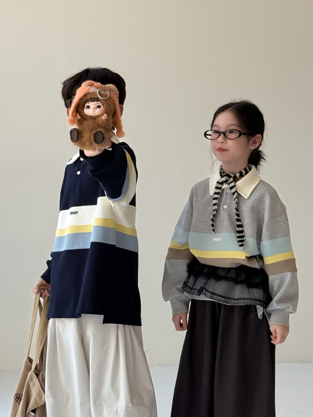 -ビッグボーダー長袖スウェットポロシャツ ロゴ刺繍入り襟付きトップス【mh0010779】 - mamahalo shop - 長袖シャツ・ブラウス -  べビー服 - 子供服 - 男の子 - 女の子