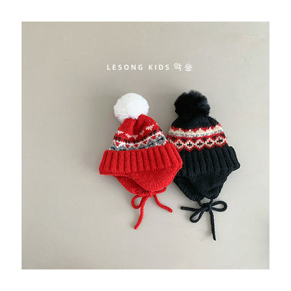 キッズ帽子 ニット トライバル ぽんぽん 耳当て付き ニットキャップ【mh0011839】