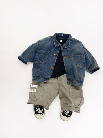 Vintage Wash Denim Drop Shoulder Jacket キッズ デニムジャケット【mh0012570】