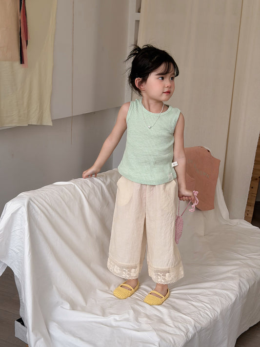 Lace Trim Cotton Wide Pants