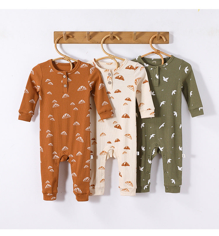 -クロワッサン/バードプリント長袖ジャンプスーツロンパース【mh0010736】 - mamahalo shop - 長袖ロンパース -  べビー服 - 子供服 - 男の子 - 女の子