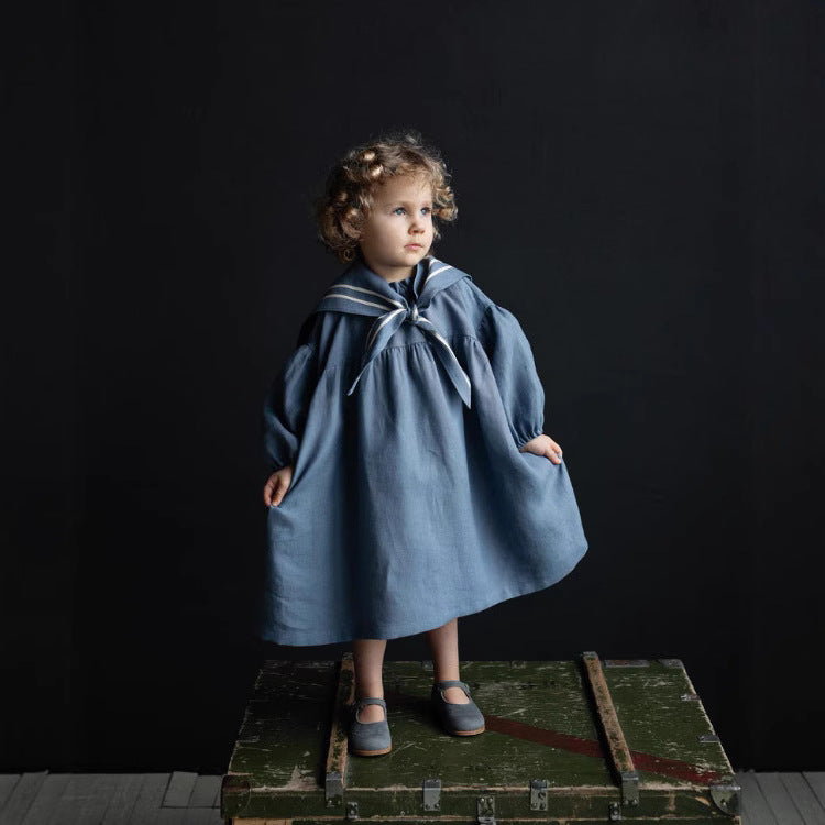 Kids' Sailor Collar Detachable Puff Sleeve Linen A-Line Long-Sleeved Dress [mh0013876]
