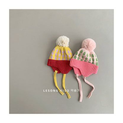 キッズ帽子 ニットキャップ 耳あてぽんぽん付き カラフル 防寒【mh0011794】